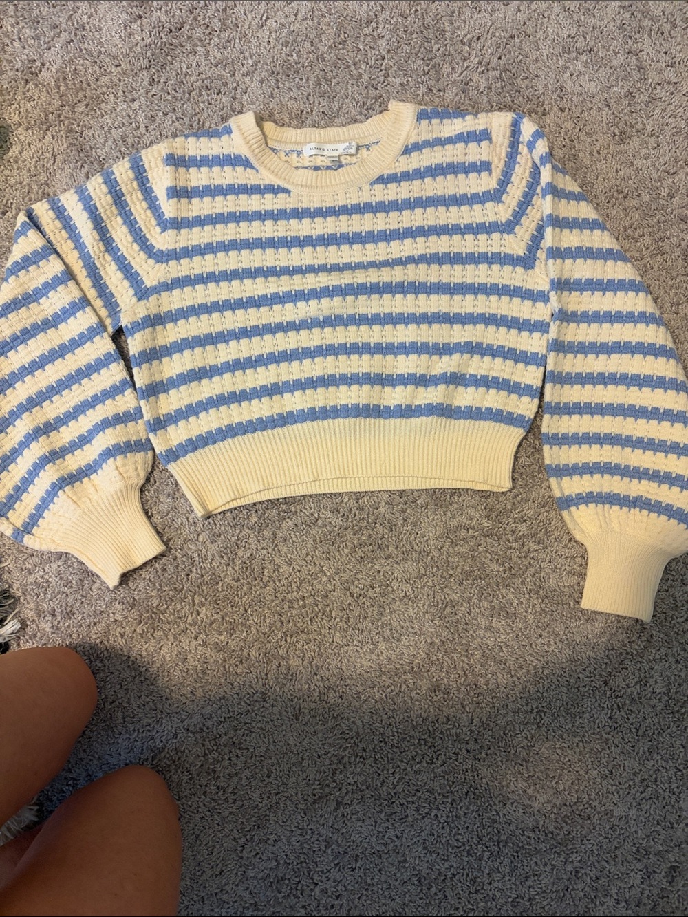 Altar'd State Cream and Light Blue Striped Cropped Crew Sweater